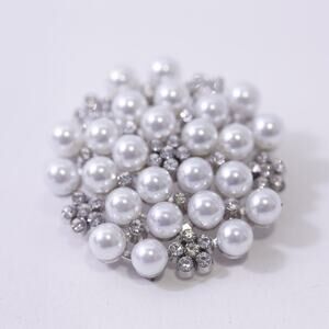 Faux Pearl and Rhinestone Cluster, Brooch, White Silver, Pin, ~ 260120-WH 905